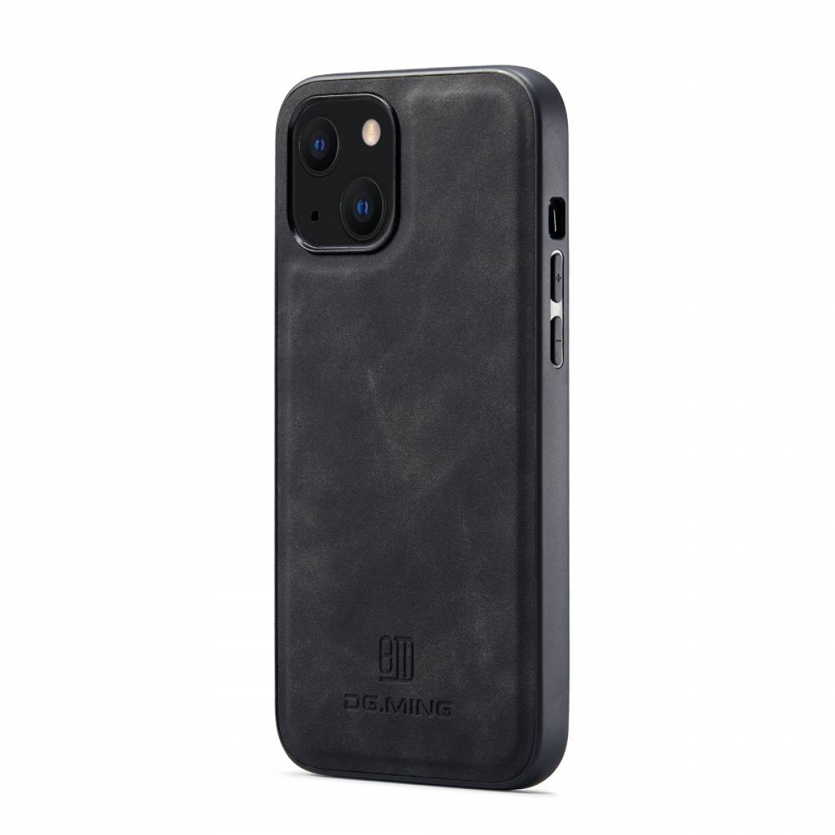 Schwarze Leder-Handyhülle für ein iPhone. Die Hülle bedeckt Rückseite und Seiten.