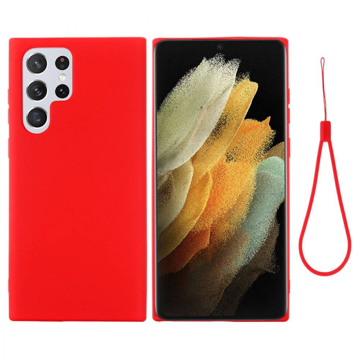Rote Handyhülle mit Riemen und Telefon. Das Telefon befindet sich auf der rechten Seite. Weißer Hintergrund.