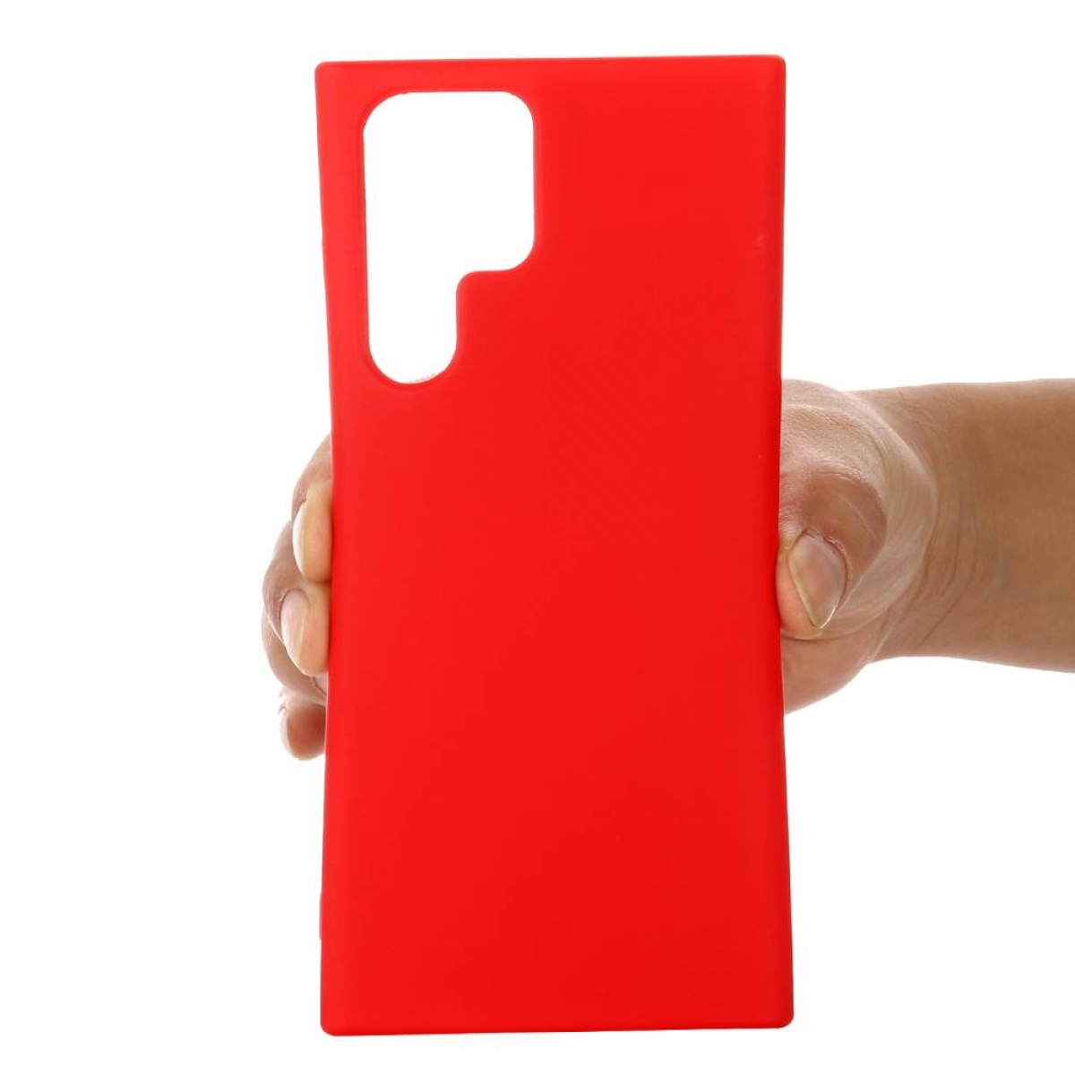 Eine rote Handyhülle wird von einer Hand gehalten. Die Hülle hat einen Kameraausschnitt.