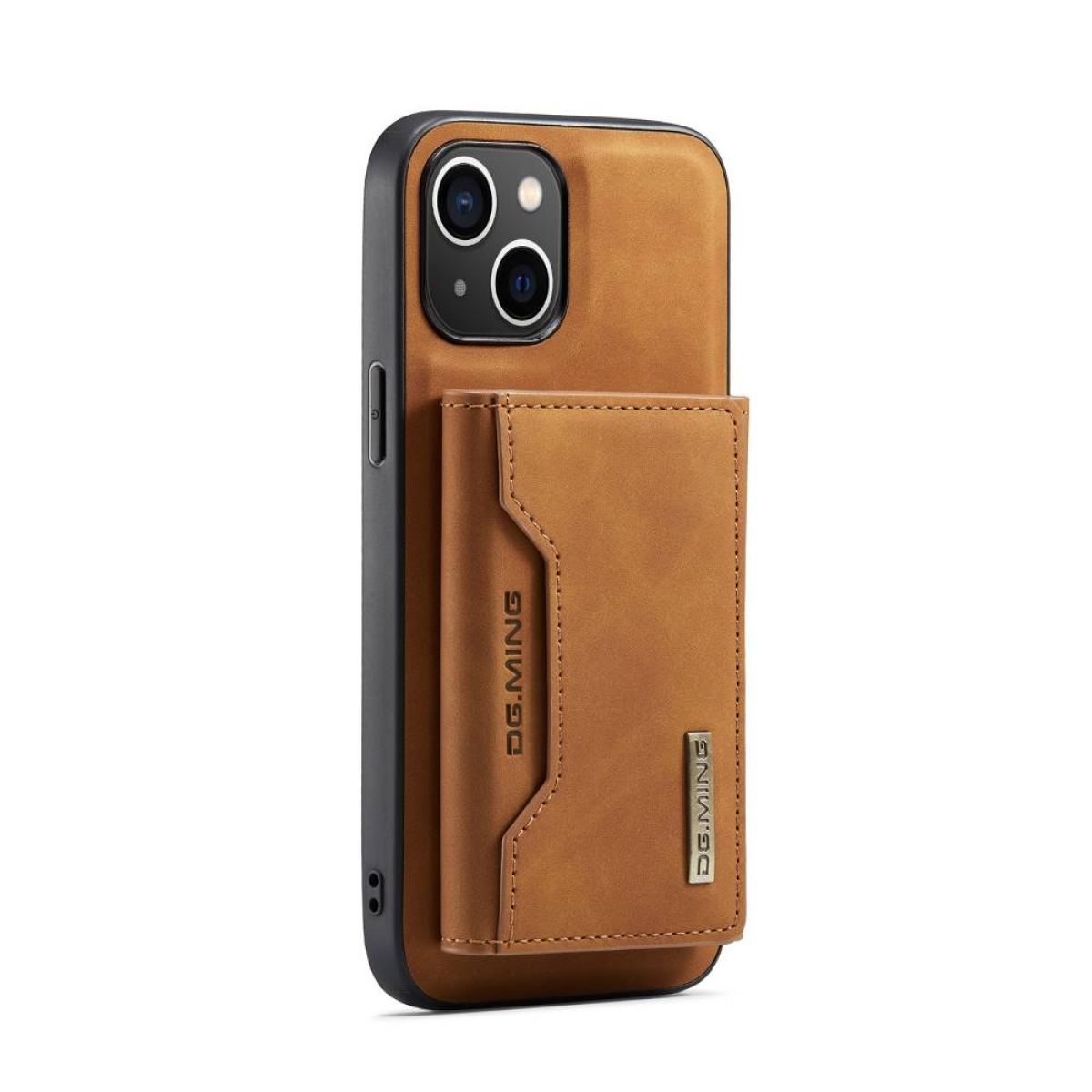 Eine braune Handyhülle mit Kartenhalter und einem schwarzen Telefon darin. Die Marke ist DG.MING.