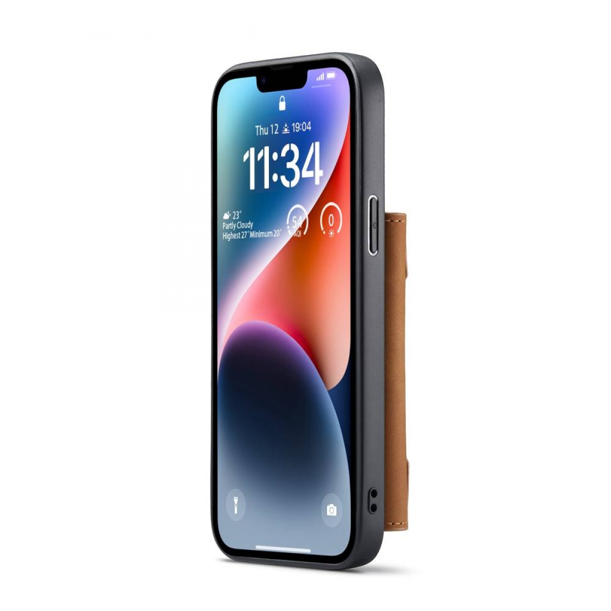 Schwarzes Telefon mit braunem Lederkartenhalter. Das Telefon zeigt Uhrzeit und Datum auf dem Bildschirm.