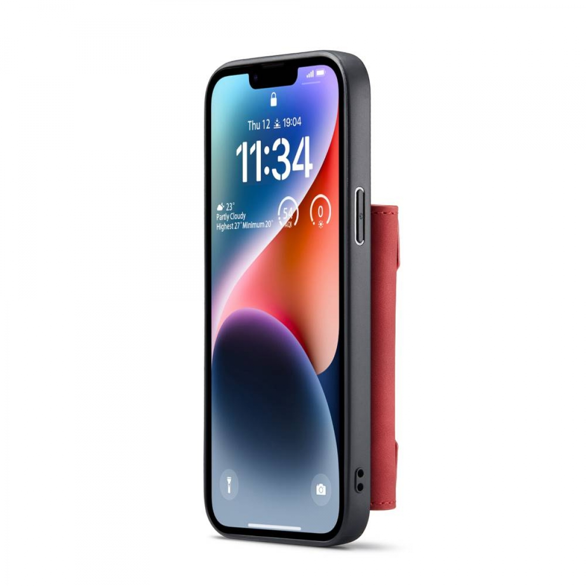Ein schwarzes iPhone mit roter Geldbörsenhülle. Das Telefon zeigt Uhrzeit und Wetter an.