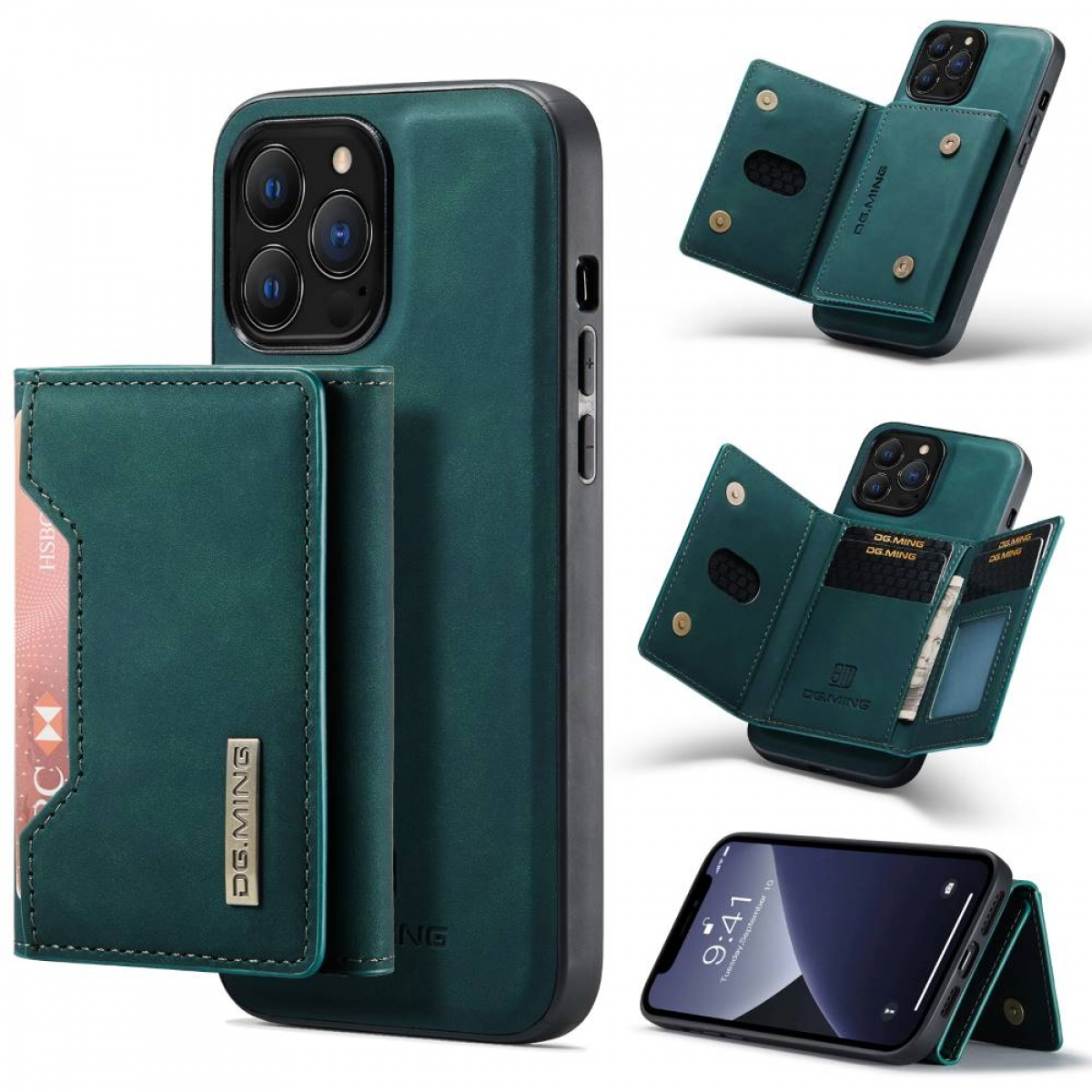 Grüne Handyhülle mit Brieftasche. Mehrere Ansichten zeigen Telefon und Kartenhalter.