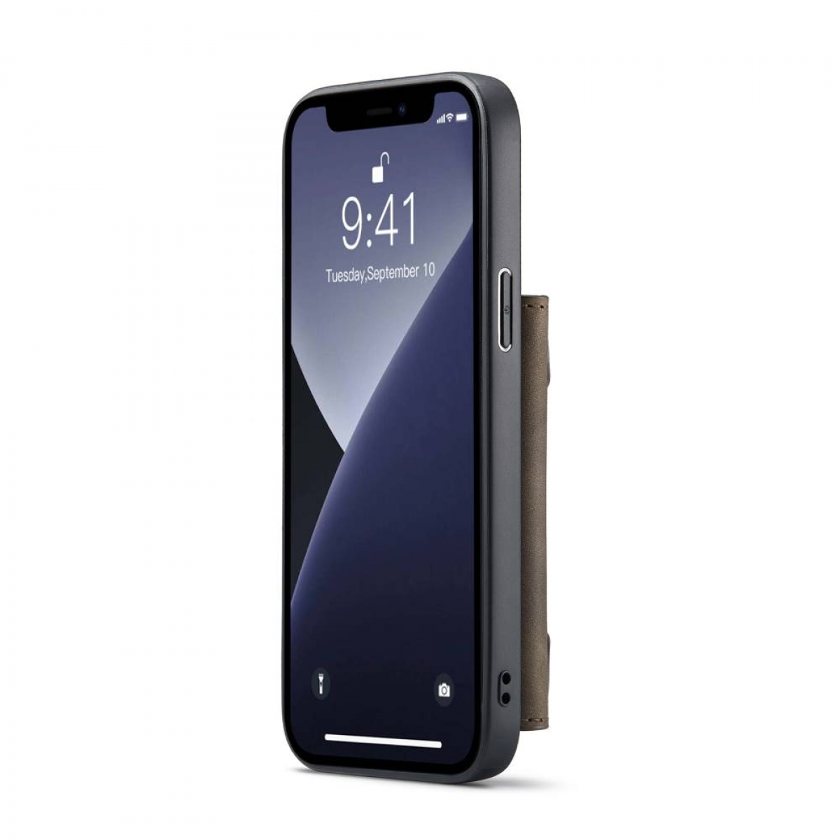 Eine schwarze Handyhülle mit einem braunen Portemonnaieetui, das einen Telefonbildschirm um 9:41 Uhr zeigt.