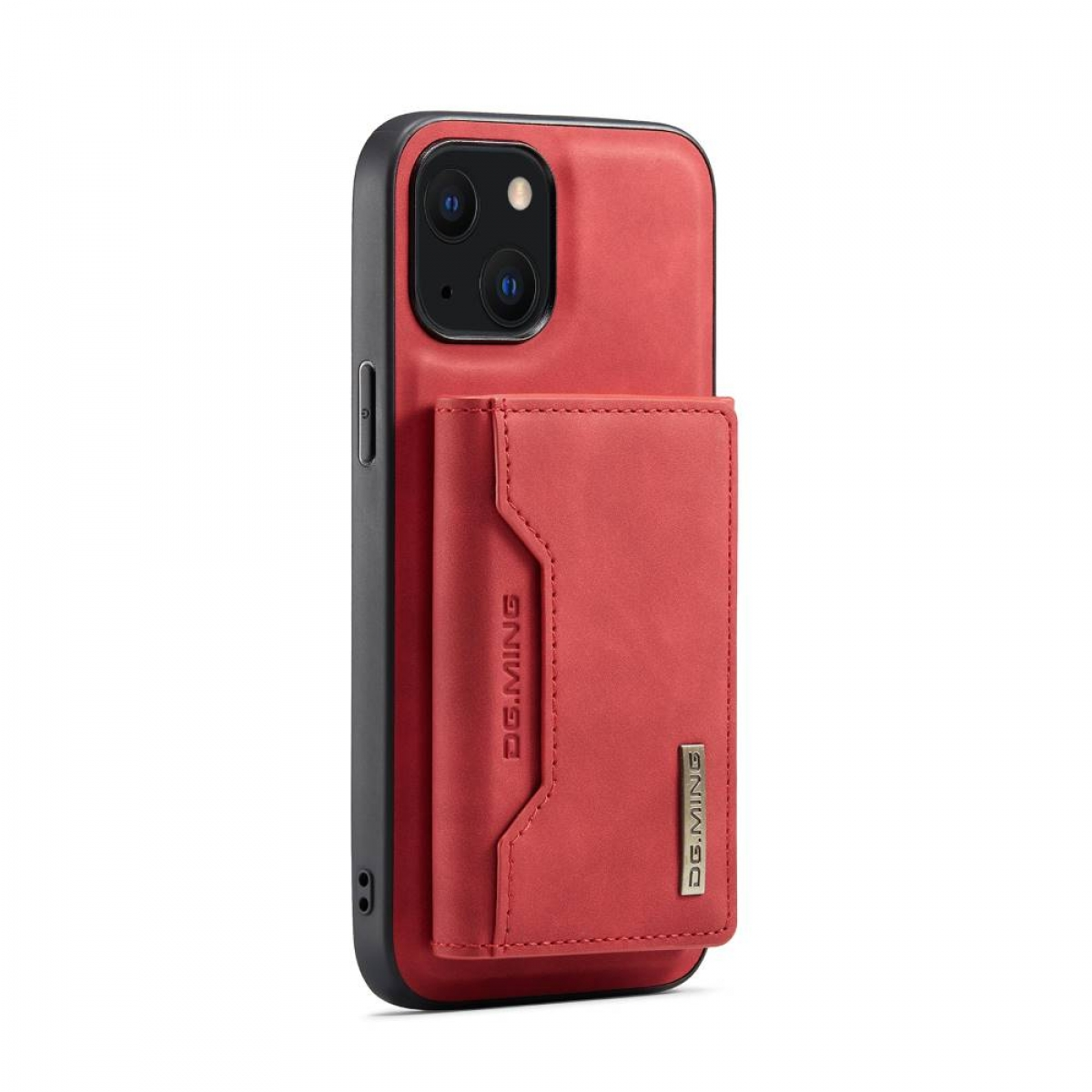 Eine rote Handyhülle mit Geldbörse, die das Telefon auf der rechten Seite zeigt.