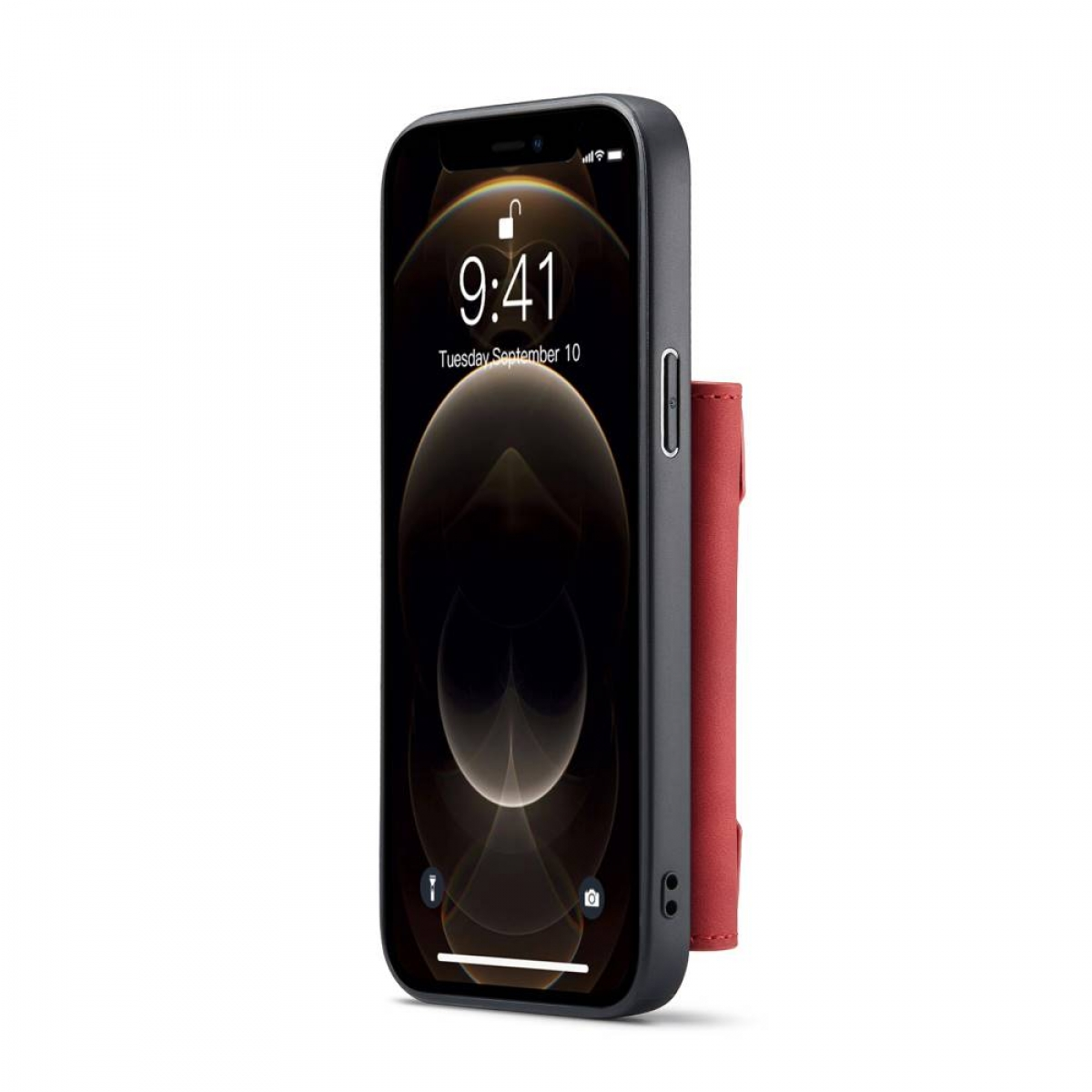 Eine rote Handyhülle mit einer am Telefon befestigten Geldbörsenfunktion.