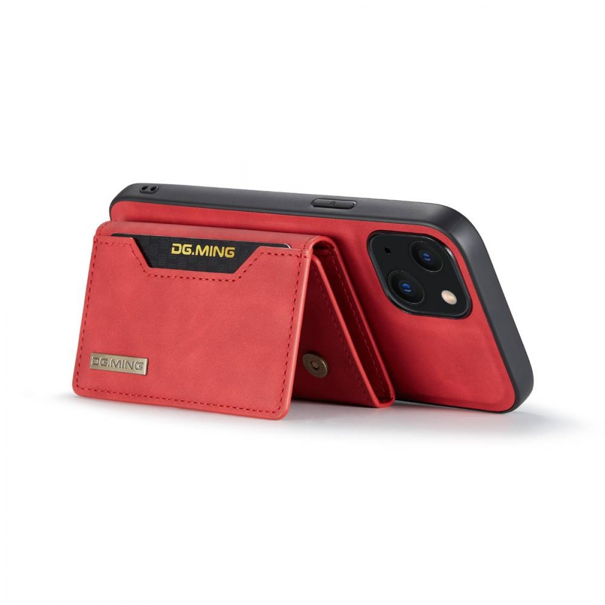 Rote Leder-Handyhülle mit Portemonnaie. Das Telefon ist in der Hülle, das Portemonnaie ist geöffnet.