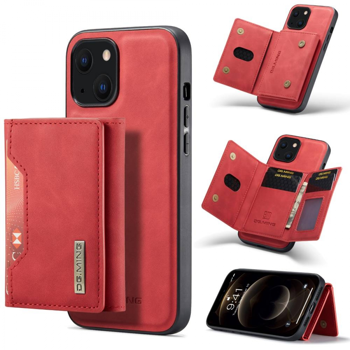 Eine rote Handyhülle mit angebrachtem Portemonnaie, eine Karte darin zeigend, und ein Telefon.
