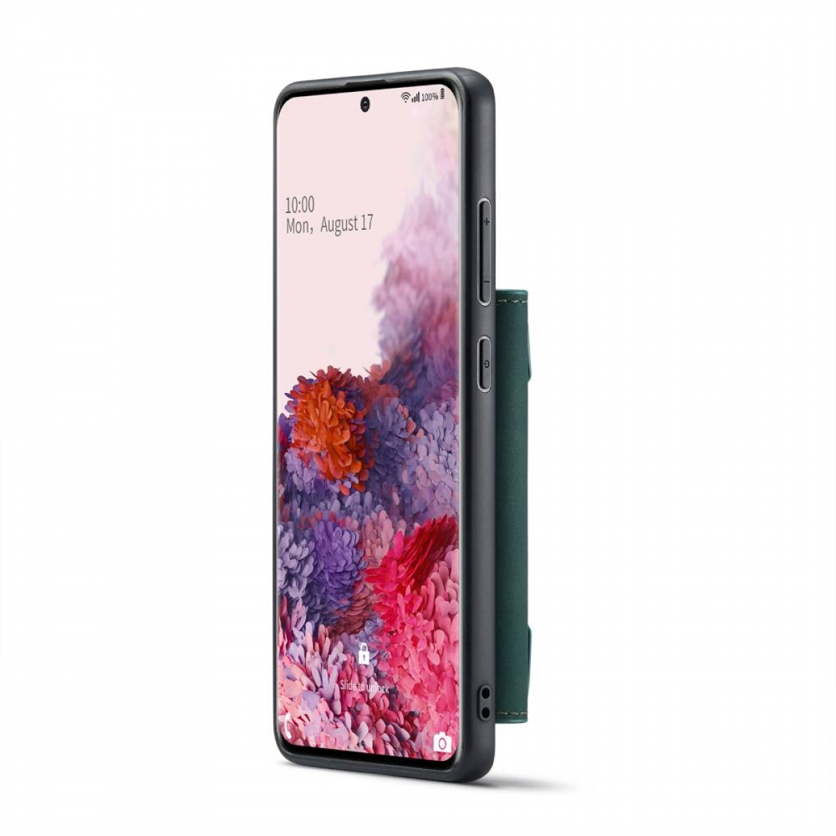Nahaufnahme eines Smartphones in schwarzem Gehäuse mit angebrachter Brieftasche, floraler Hintergrund.