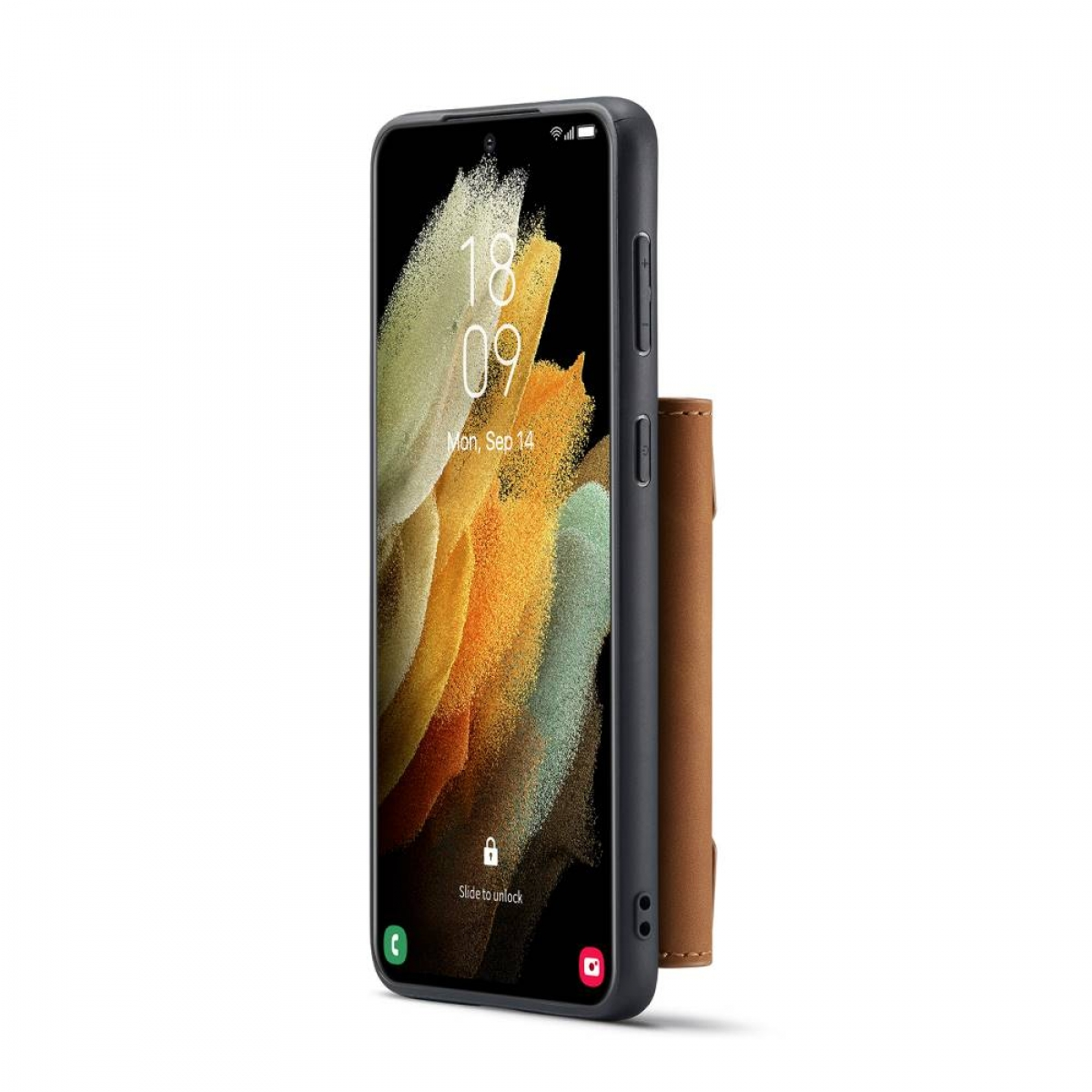 Handyhülle mit Telefon. Zeit auf dem Bildschirm. Braune Geldbörsenhülle angebracht. Weißer Hintergrund.