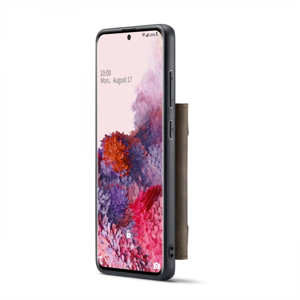 Ein Telefon in einer Hülle mit angebrachter Geldbörse. Der Bildschirm zeigt Blumengrafik.