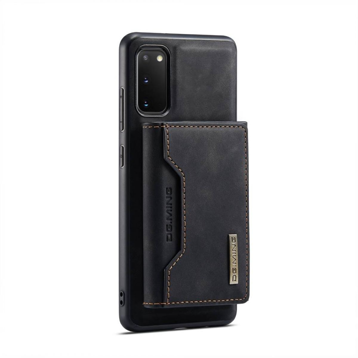 Eine schwarze Handyhülle mit Kartenhalter, schwarzes Telefon im Gehäuse, DG.MING-Etikett.