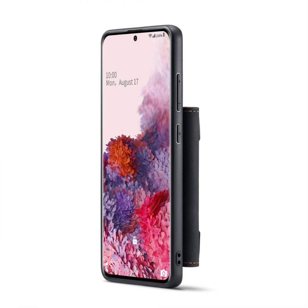 Schwarzes Telefon mit angebrachtem Portemonnaie. Der Bildschirm zeigt Zeit und Datum. Schwarz-weißer Hintergrund.