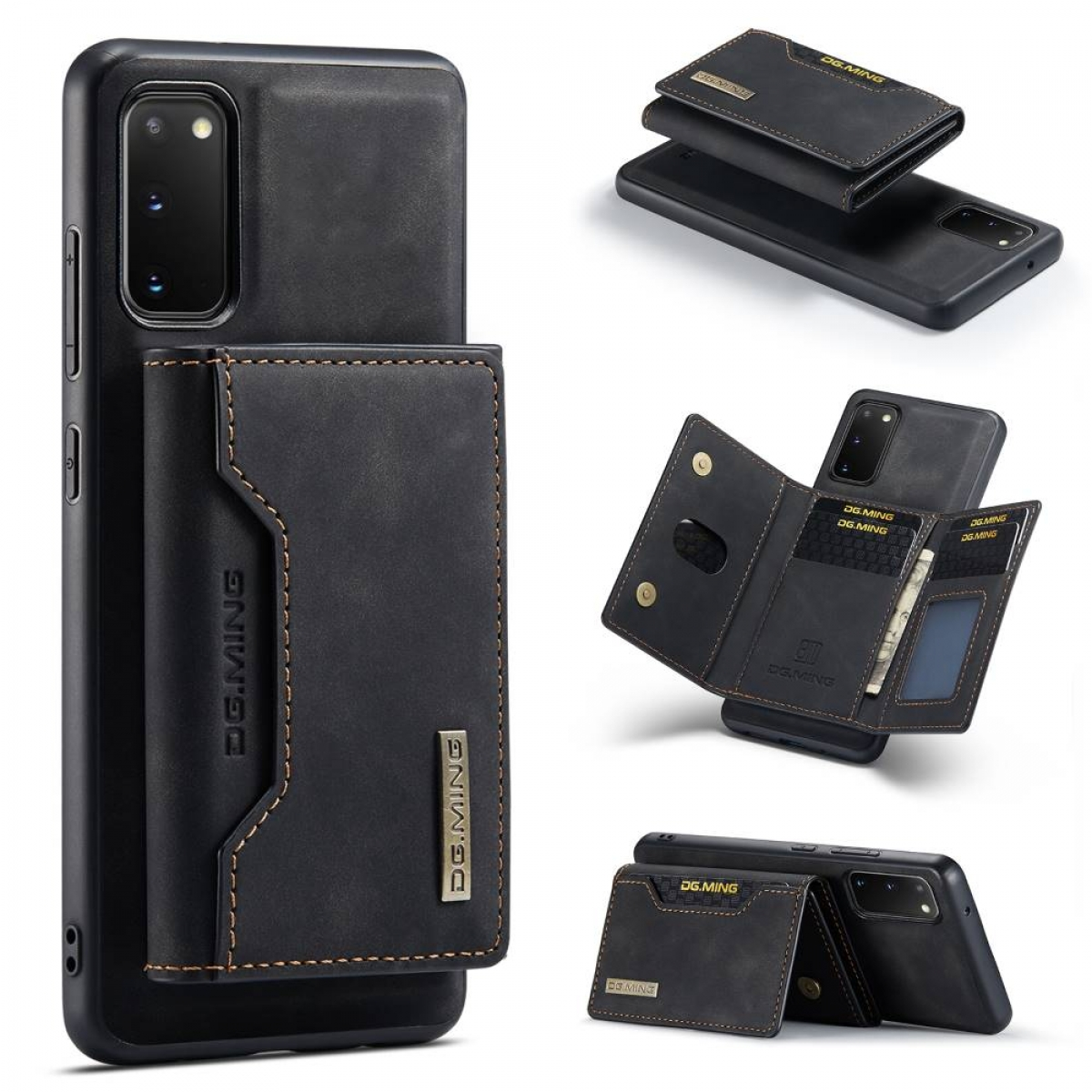 Ein Telefon in einer schwarzen Hülle mit Portemonnaie, mit verschiedenen Ansichten des Portemonnaies.