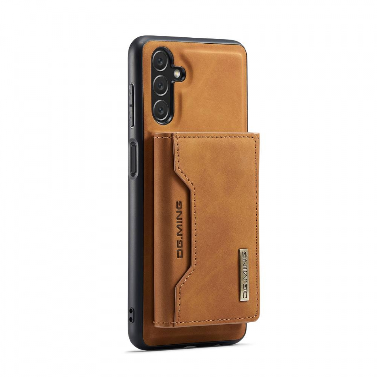 Eine braune Leder-Handyhülle mit Kartenhalter, an einem Telefon befestigt, DG.MING-Logo sichtbar.