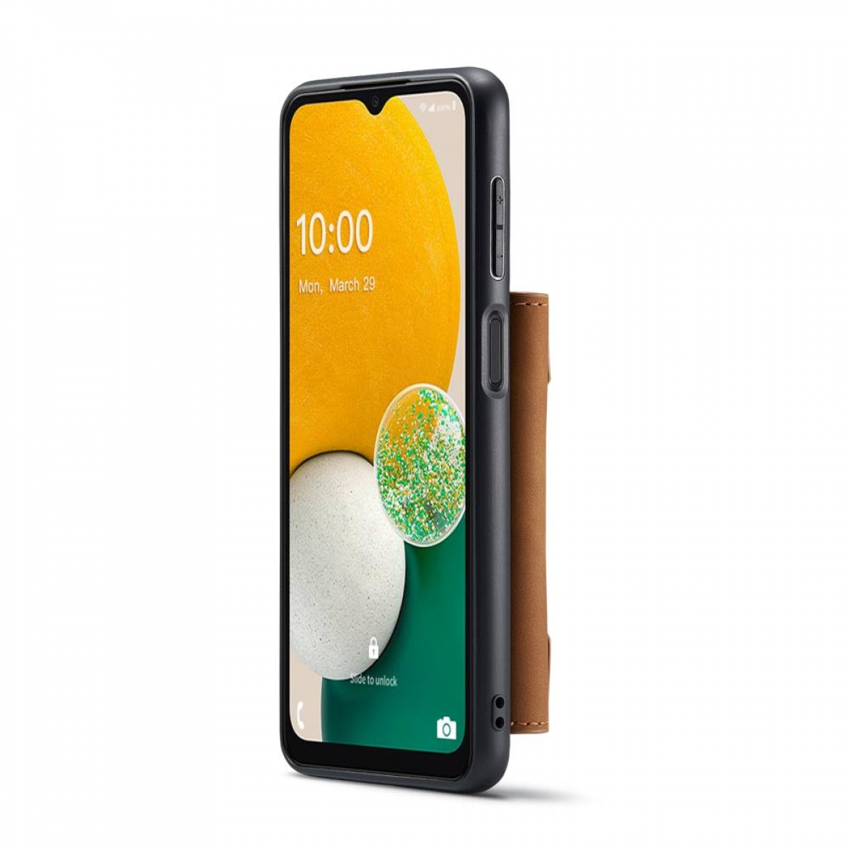 Eine braune Handyhülle mit Geldbörse, die das Telefon auf der rechten Seite zeigt.