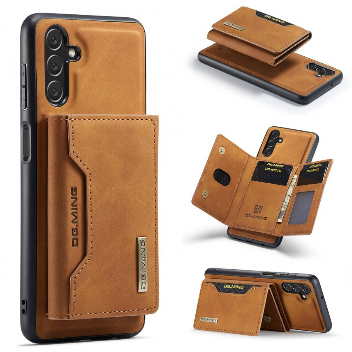 Eine braune Leder-Handyhülle mit Geldbörse. Die Hülle ist auf einem Telefon, die Geldbörse offen.