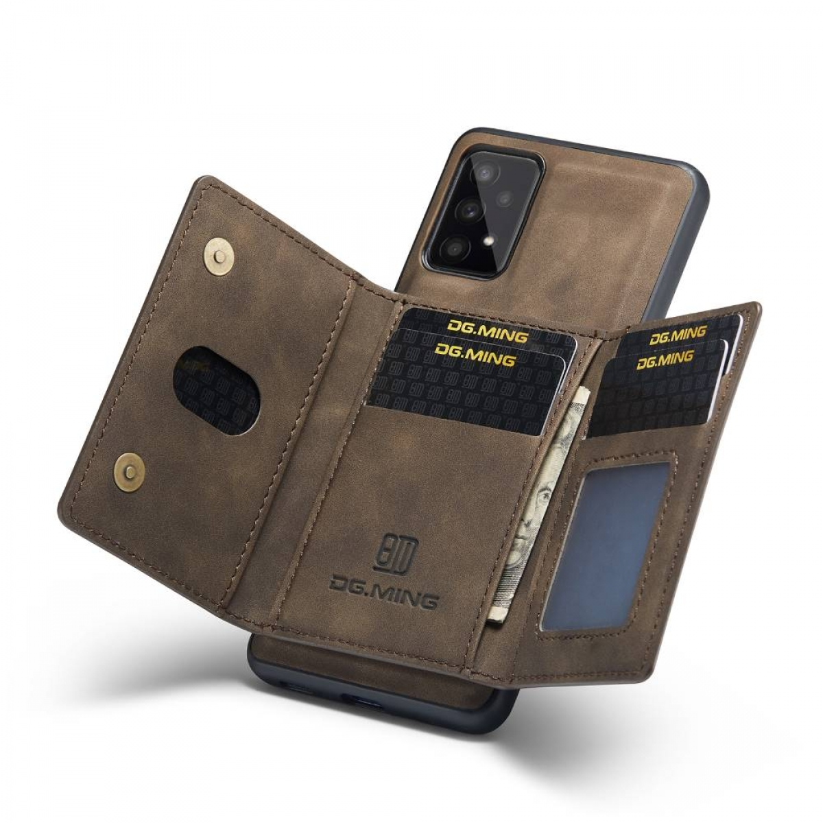 Eine braune Leder-Handyhülle mit Kartenfächern und einem Geldfach, mit einem Telefon darin.