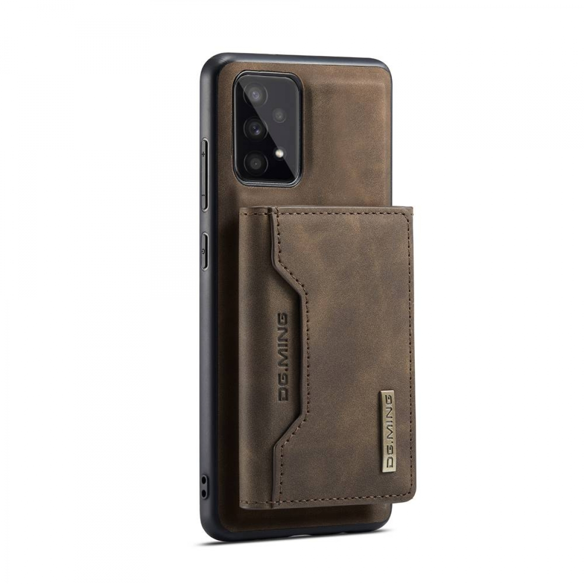 Eine braune Smartphone-Hülle mit einer Geldbörse. Das Telefon ist braun und schwarz. Weißer Hintergrund.