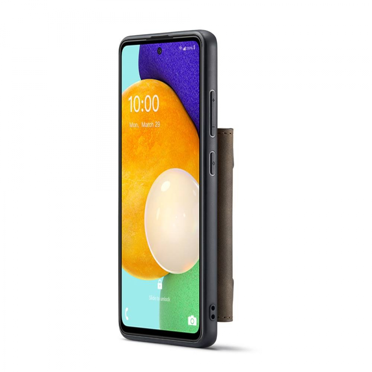 Ein Telefon in einer dunkelgrauen Hülle mit Portemonnaie, das den Startbildschirm zeigt.
