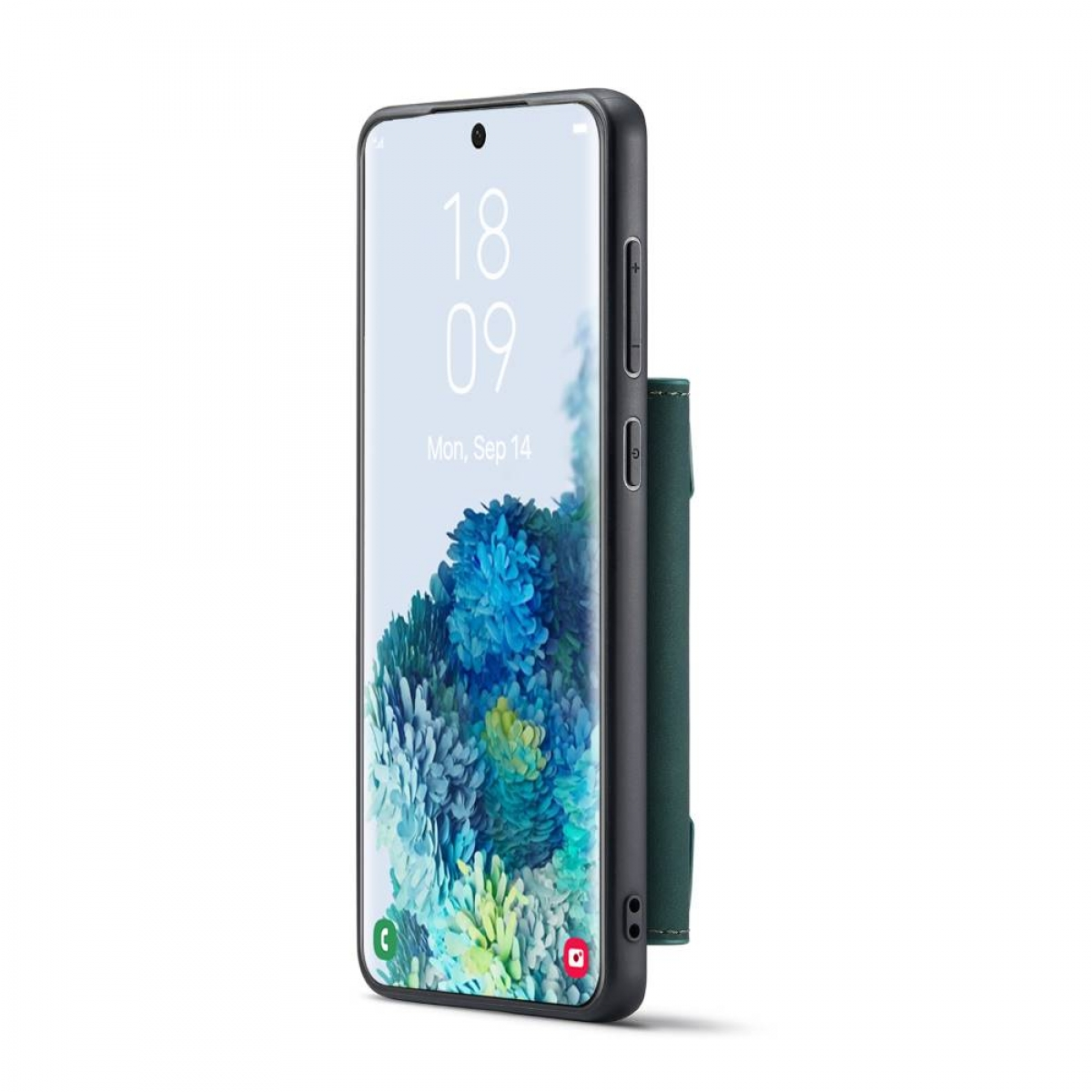 Ein Smartphone in einer Hülle mit Geldbörsenaufsatz, das den Bildschirm des Telefons und die Geldbörse zeigt.