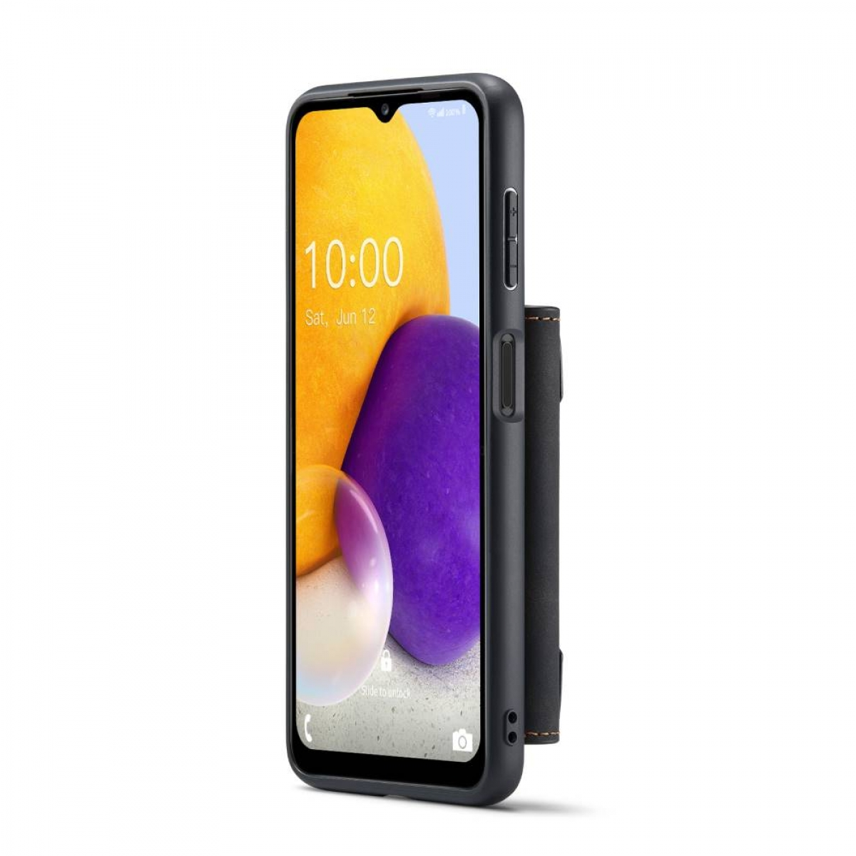 Smartphone in schwarzer Hülle, zeigt einen Bildschirm mit Zeit und einem lila Klecks.