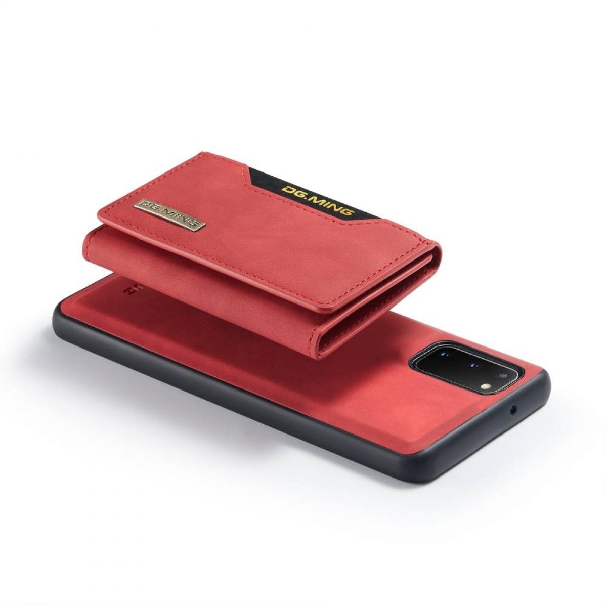 Rote Handyhülle mit geöffnetem Portemonnaie, platziert auf einem schwarzen Telefon.