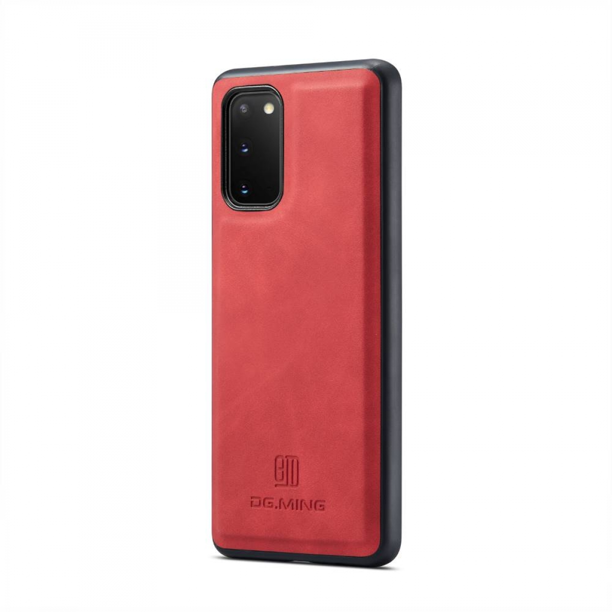 Eine rote Handyhülle mit schwarzem Rahmen und ein Telefon auf weißem Hintergrund.