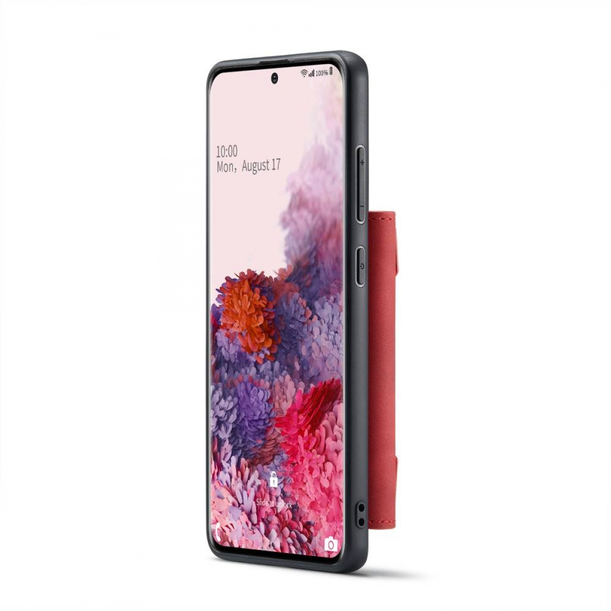 Schwarzes Telefon mit roter Geldbörsenhülle. Die Uhrzeit ist 10:00 Uhr. Der Hintergrund ist weiß.