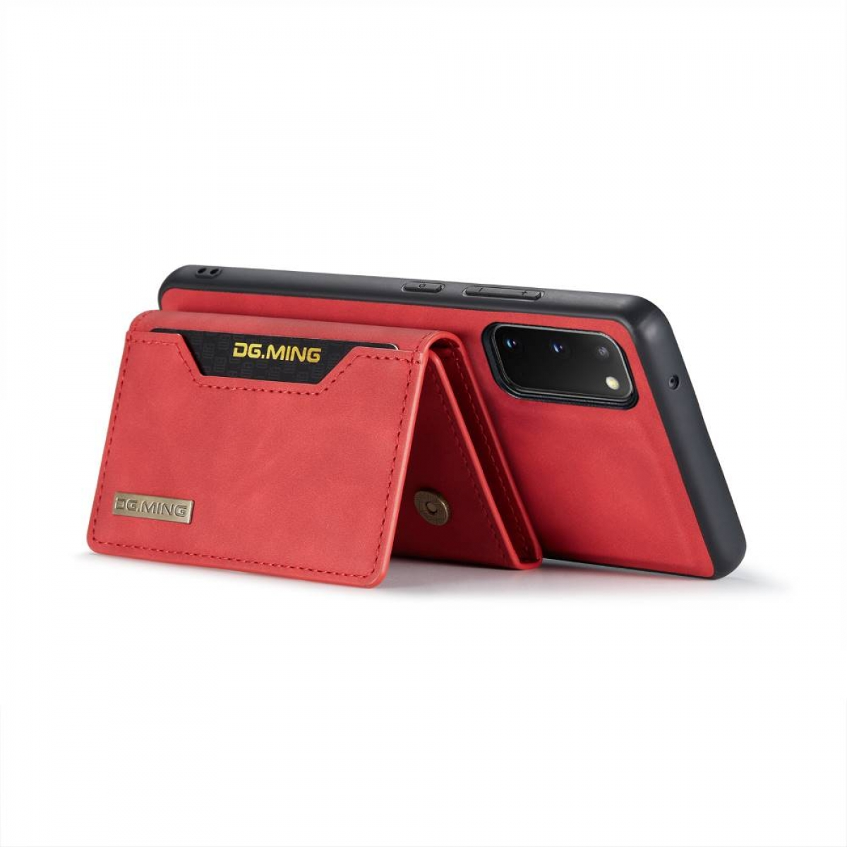 Rote Handyhülle mit Kartenhalter. Die Hülle ist offen. Das Telefon ist rot.