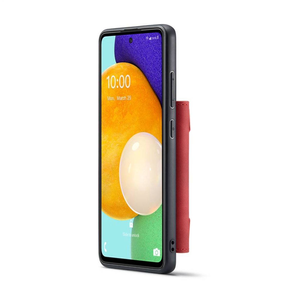 Smartphone mit Brieftaschentasche, zeigt die Uhrzeit und ein Schlosssymbol.