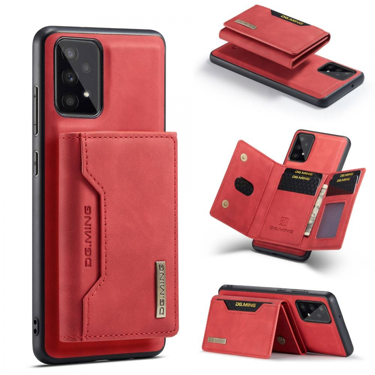 Eine rote Leder-Handyhülle mit Geldbörse. Die Hülle ist auf einem Telefon, die Geldbörse offen.