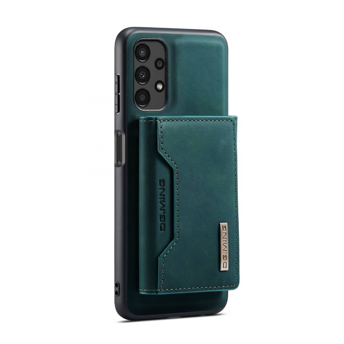Grünes Handycase mit angebrachtem Portemonnaie. Das Telefon ist schwarz.