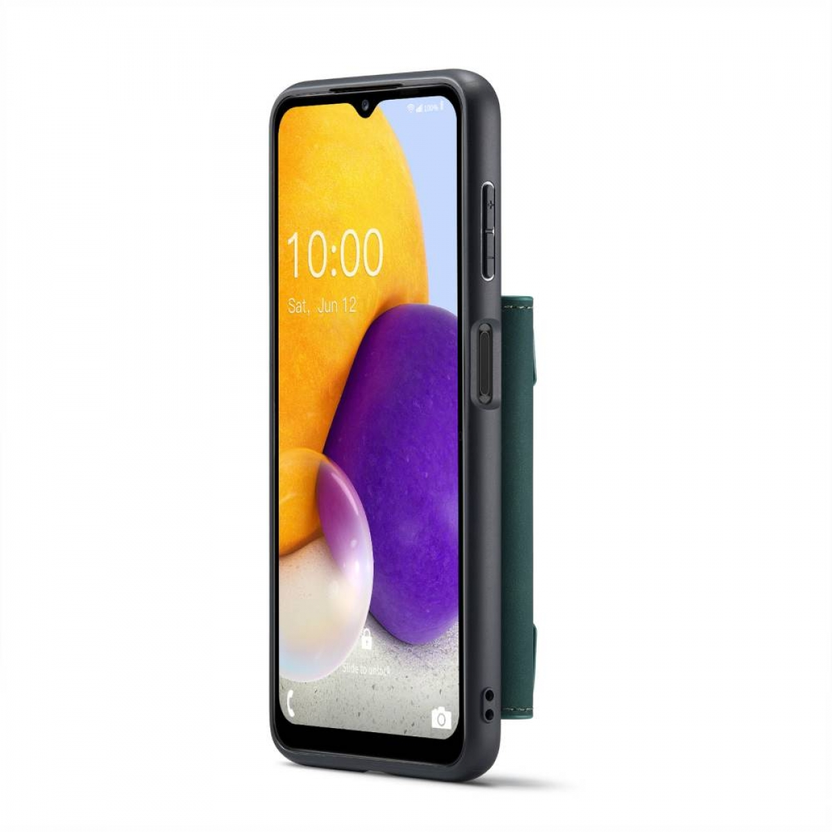Telefon mit Bildschirm, der Uhrzeit und Sperrbildschirm anzeigt. Das Gehäuse ist dunkelgrün und hat eine Geldbörse.
