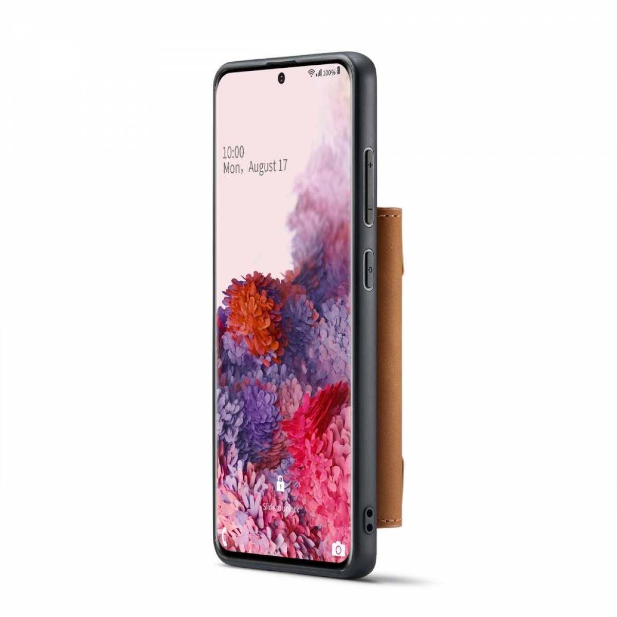 Ein Smartphone mit Hülle und einer an der Seite befestigten Geldbörse. Der Bildschirm zeigt einen floralen Hintergrund.