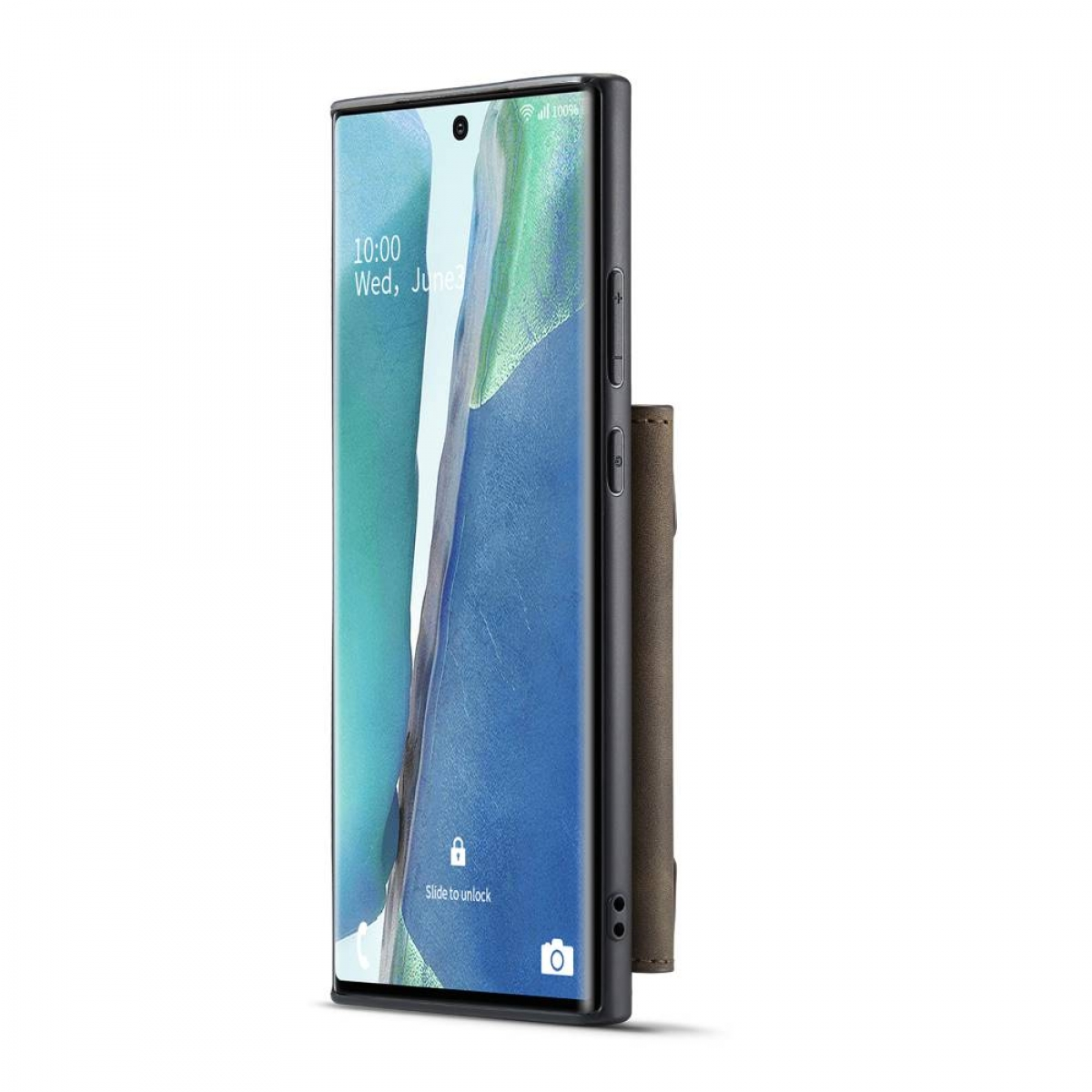 Smartphone mit Brieftaschenetui, schwarz, Seitenansicht, weißer Hintergrund.