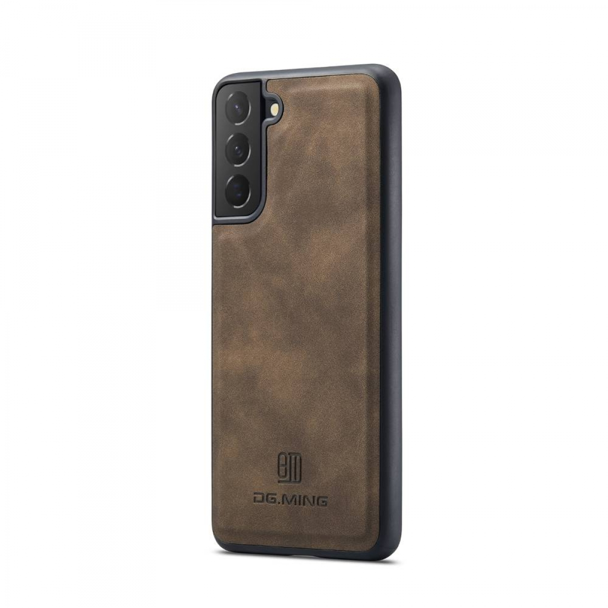 Braune Handyhülle. Das Telefon ist braun mit dunklem Rahmen und Kameralinsen.