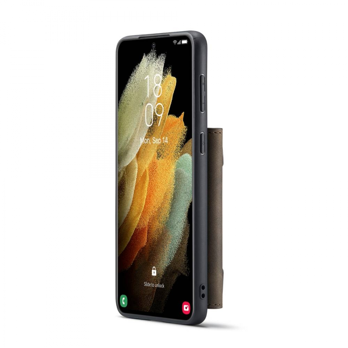 Smartphone-Hülle mit Geldbörse. Das Telefon ist schwarz mit hellem Hintergrund. Weißer Hintergrund.