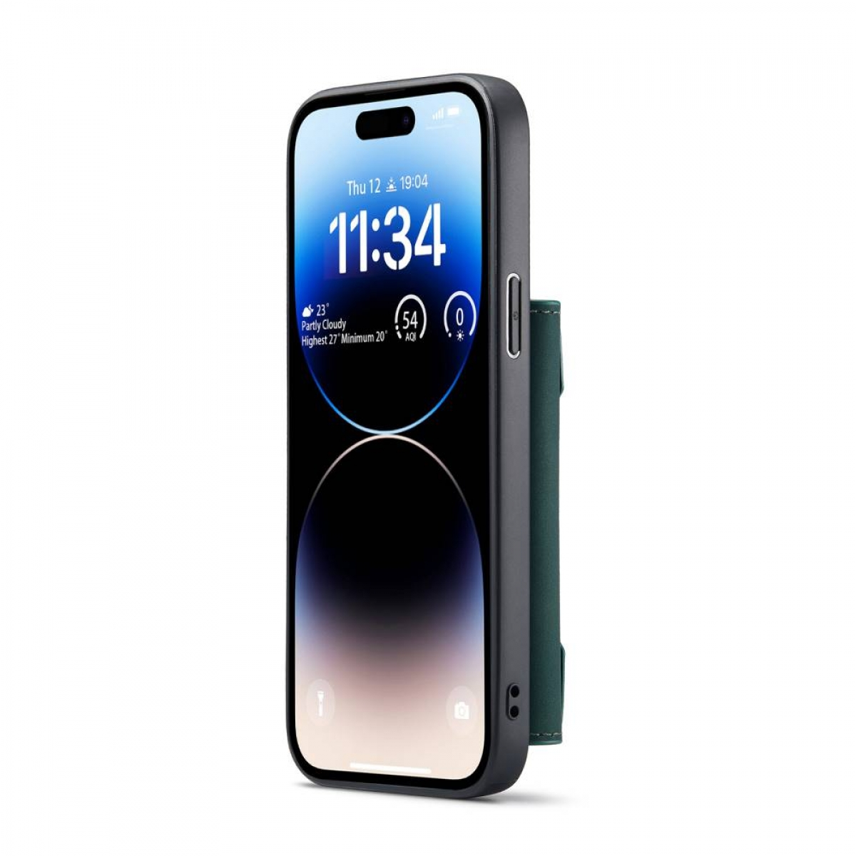 Telefon mit Geldbörse, zeigt Zeit, Wetter und eine grüne Geldbörse.