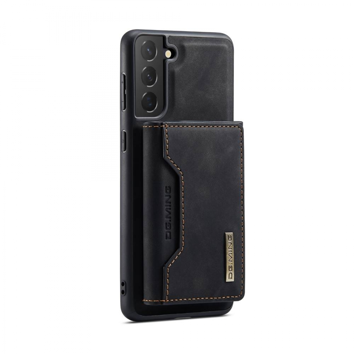 Eine schwarze Handyhülle mit integrierter Geldbörse, an einem Telefon befestigt. Die Geldbörse ist schwarz.