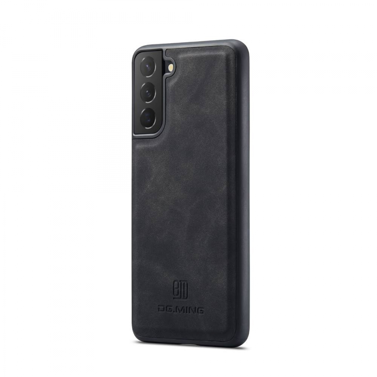 Eine schwarze Handyhülle mit dem D.G.MING-Logo. Das Telefon hat eine Kamera und die Hülle bedeckt die Rückseite.