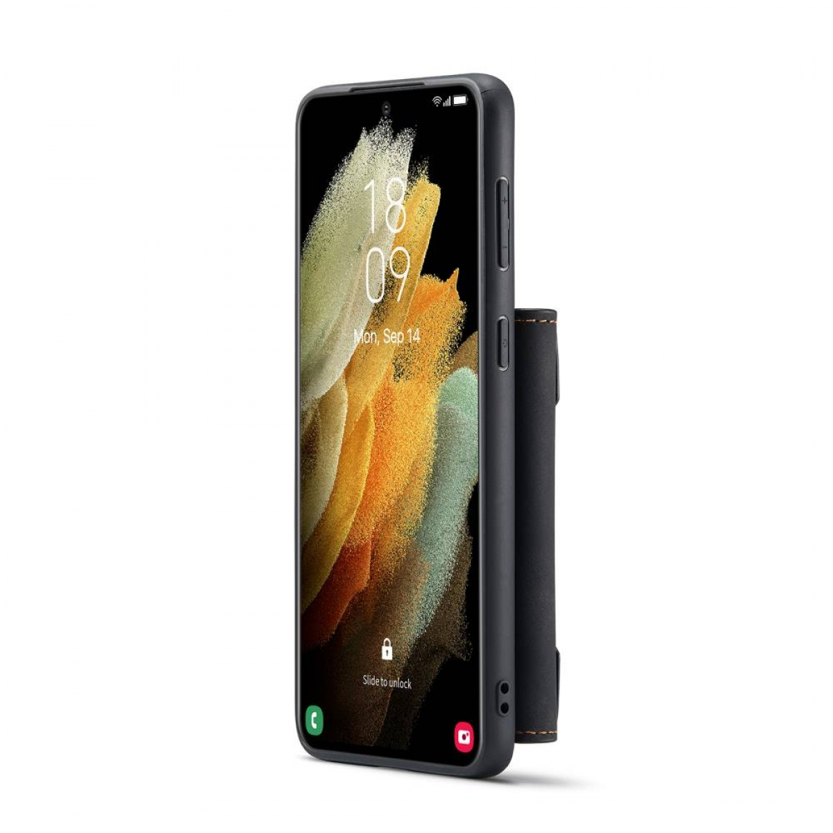 Ein Telefon mit einer Brieftaschenhülle, das den Bildschirm mit einem Sperrbildschirm zeigt.