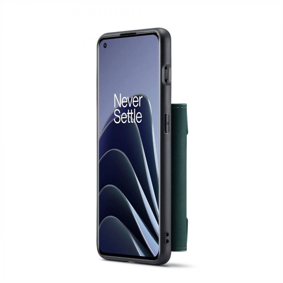 Ein schwarzes Telefon mit dem Text 'Never Settle' in einer schwarzen Hülle mit grünem Portemonnaie.