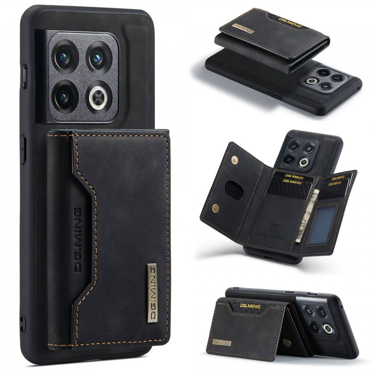 Schwarze Handyhülle mit Portemonnaie, verschiedene Winkel von Portemonnaie und Telefon.