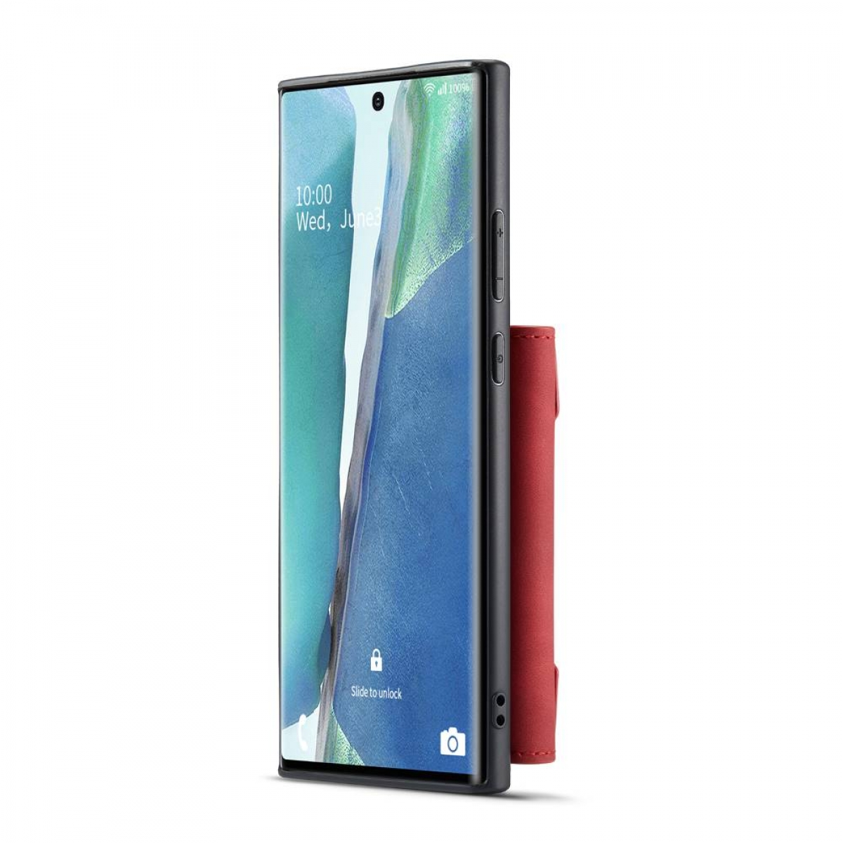 Handyhülle mit Telefon, roter Halterung. Der Bildschirm zeigt Datum und Uhrzeit. Die Hülle befindet sich auf weißem Hintergrund.