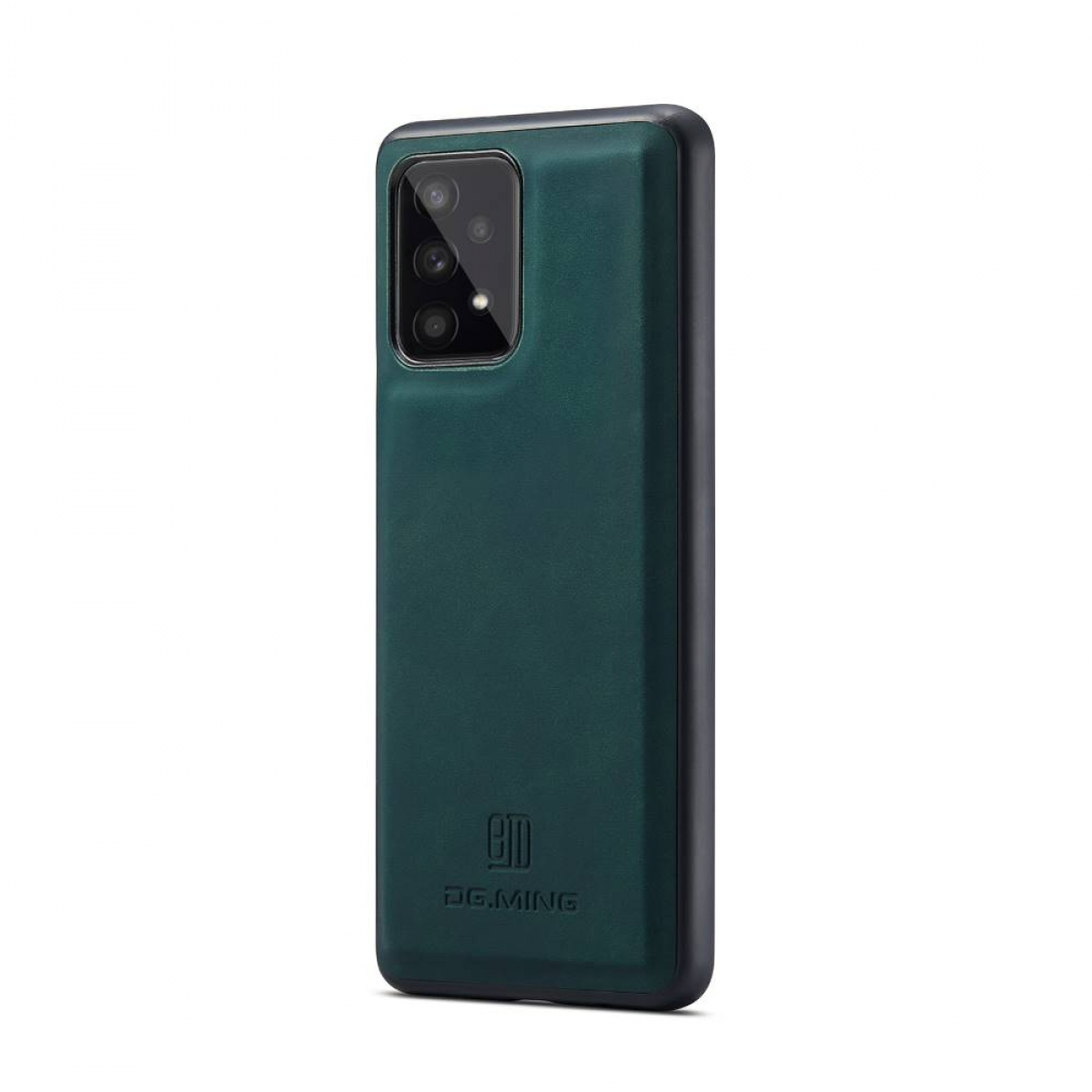 Dunkelgrüne Handyhülle. Das Telefon ist schwarz. Weißer Hintergrund.
