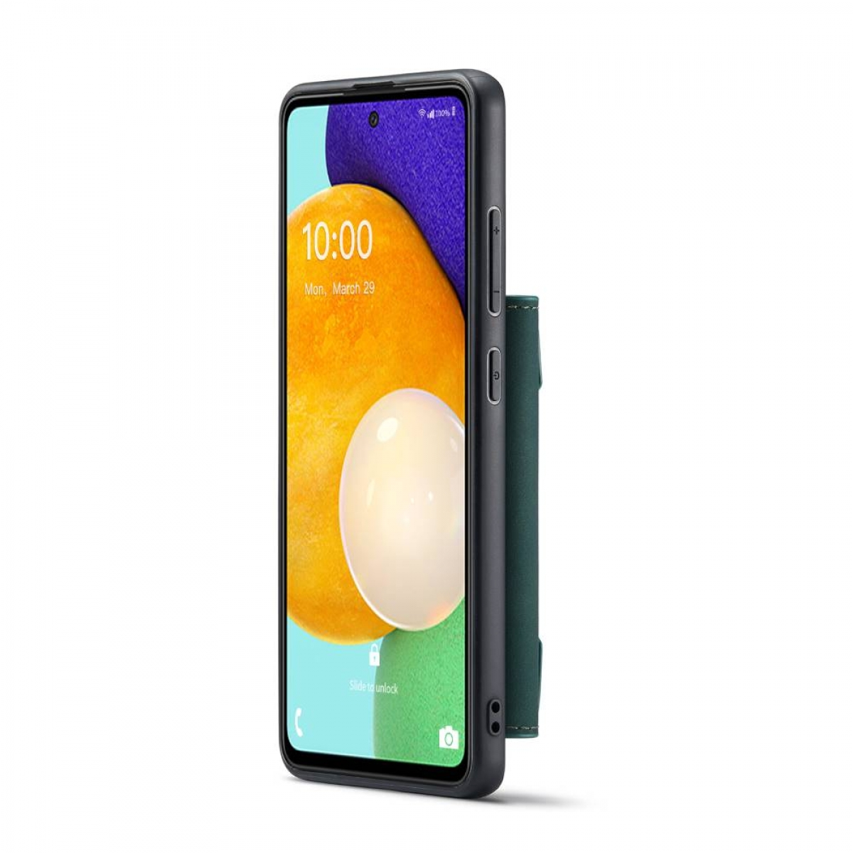 Telefon in einer Hülle mit angebrachtem Portemonnaie. Der Bildschirm des Telefons zeigt einen orangefarbenen und weißen Hintergrund.