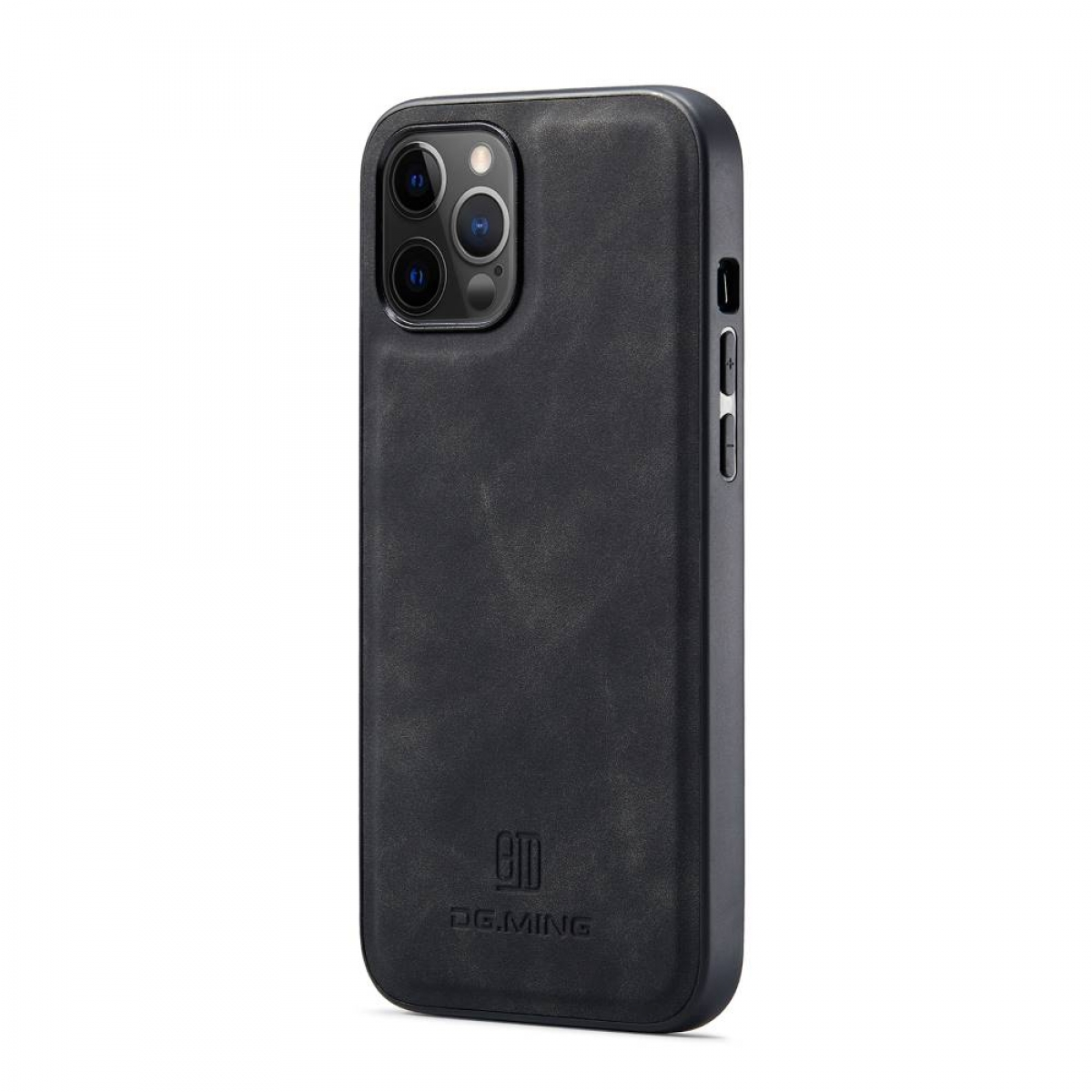 Schwarze Handyhülle mit Lederstruktur. Die Hülle ist für ein Telefon mit drei Kameras.