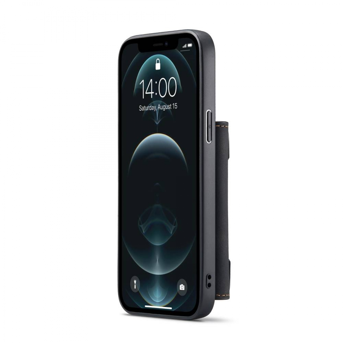 Schwarzes iPhone in einer Hülle, das Datum und Uhrzeit anzeigt. Schwarze Hülle mit Kartenfach.