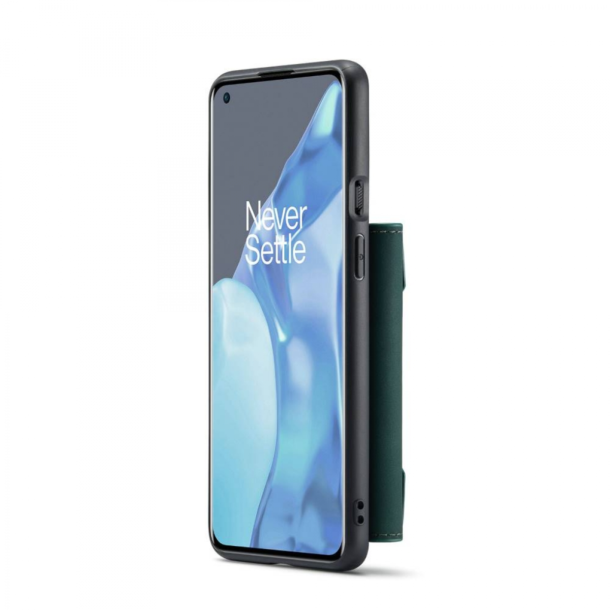 Schwarzes Telefon mit dunkelgrüner Brieftaschenhülle. Das Telefon zeigt die Worte „Never Settle“. Weißer Hintergrund.